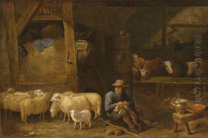 Interior of a barn with a shepherd and his flock