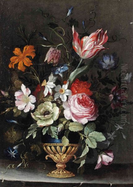 Roses, peonies, a tulip, daffodils, morning glory and other flowers in a blue lacquer and gilt vase on a stone ledge - view 1