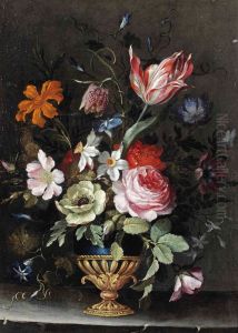 Roses, peonies, a tulip, daffodils, morning glory and other flowers in a blue lacquer and gilt vase on a stone ledge by Jan Pieter Brueghel