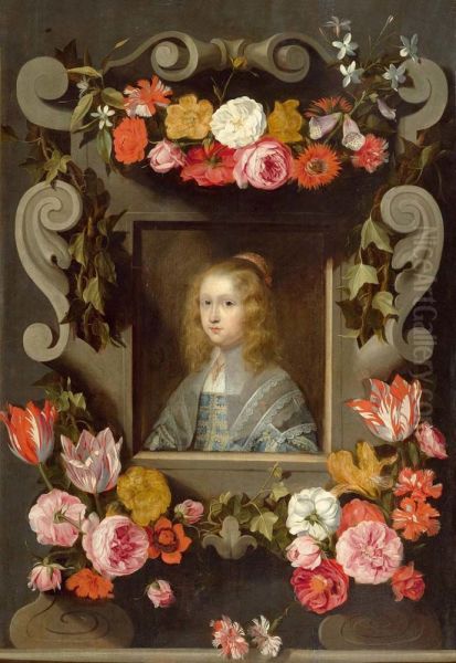 Portrait of an unknown girl in a cartouche adorned with flower garland - view 1