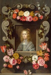 Portrait of an unknown girl in a cartouche adorned with flower garland
