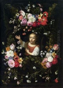 A girl in a garland of flowers.