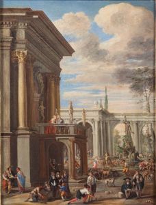 Architectural capriccio with market scene