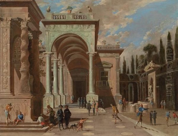 An architectural capriccio with figures outside a palace - view 1