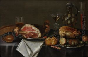 Still life with a ham and chicken on silver plates, glasses of wine and beer, a bread roll, a peeled lemon and an earthenware jug on a table draped with a grey cloth