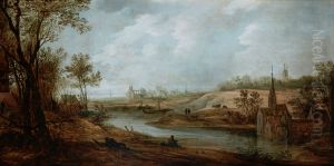 Wide river landscape with a church, a windmill and a monastery, with figures resting on a bank and fishing by Frans de Momper