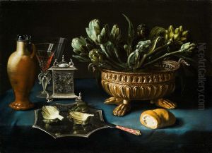 Still life with artichokes in a silver gilt wine cistern and other silver objects