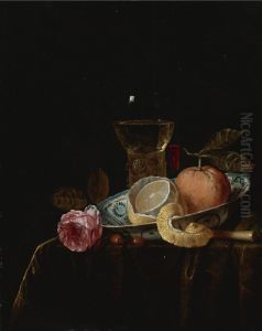 Still life with a peeled lemon and an orange in a blue and white porcelain bowl, a roemer, a tall wine glass, a rose and other objects on a draped table by Gillis van Hulsdonck