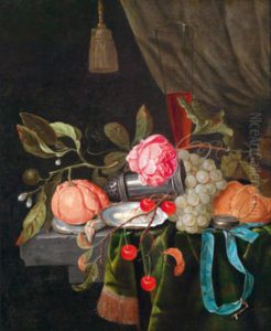 Still life with a clock, a roll, fruit, and a silver salt cellar on a marble tabletop