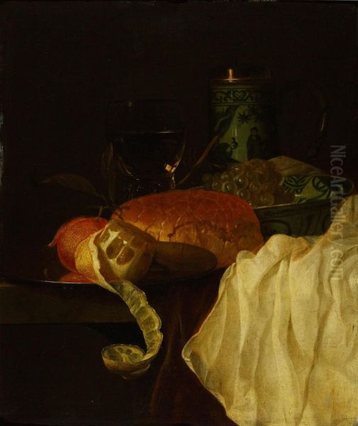 Still life with peeled lemon, grapes in a Wanli dish, a roemer and a porcelain tankard on a draped table - view 1