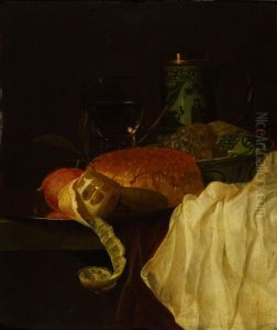 Still life with peeled lemon, grapes in a Wanli dish, a roemer and a porcelain tankard on a draped table