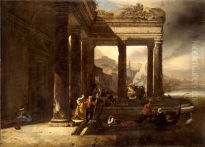 The scene at the port. by Jan Baptist Weenix