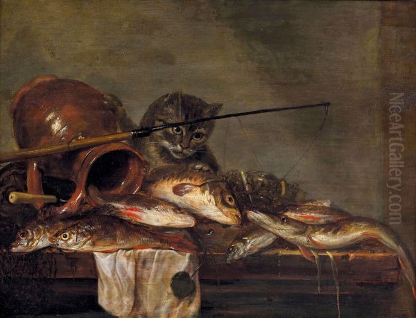 Still life with fish catch, fishing rod and curious cat - view 1