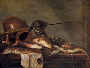 Still life with fish catch, fishing rod and curious cat by Jan Dirven