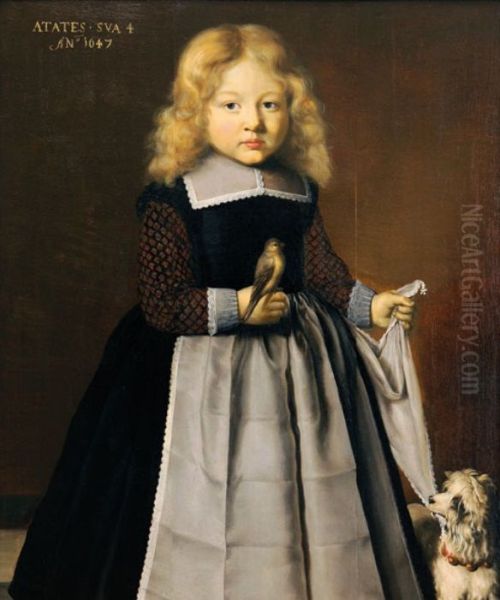 Portrait of a child with a dog and a canary (aged 4). - view 1