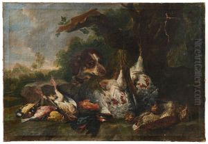 A hunting dog with dead birds at the foot of a tree