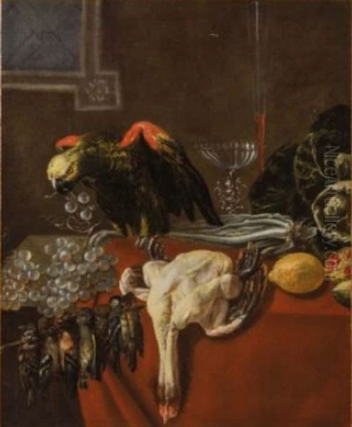 Still life with table ware, game and a parrot - view 1