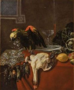 Still life with table ware, game and a parrot by Jan Dirven
