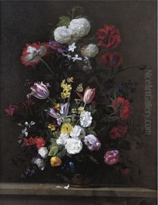 Bouquet of flowers with poppies, roses, tulips, narcissi, cyclamen, and hydrangeas in a lapis vase with butterflies on a stone ledge