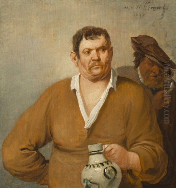 Drinker with a stoneware pitcher and a smoker with a pipe - view 1