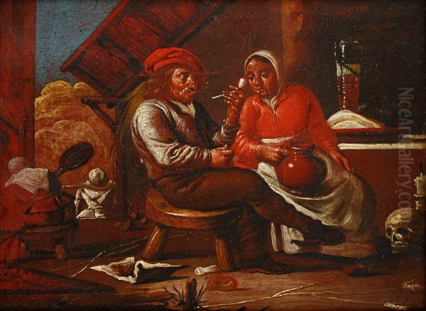 Couple smoking and drinking in an inn - view 1
