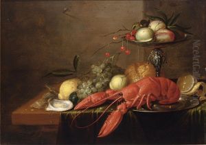 Still life with a lobster on a pewter plate, a silver tazza with fruits, oysters and a bun, on a wooden table draped with a green cloth by Philips Gijsels