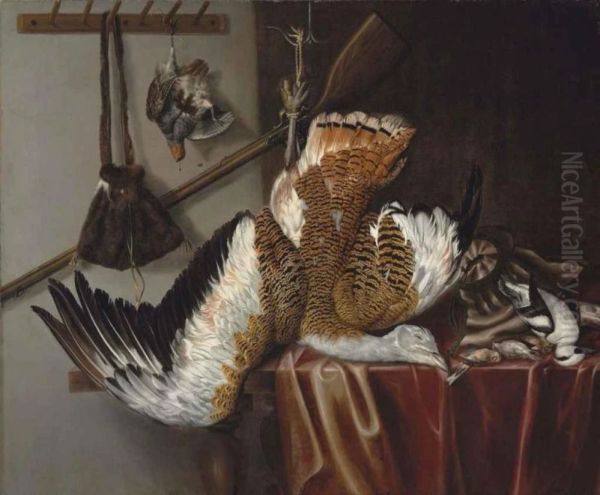 A Great Bustard and a Partridge suspended from strings, with a Smew and three songbirds on a partially draped table, with a rifle and hunting bag - view 1