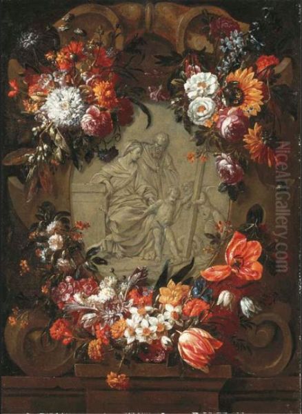 Garland of tulips, daffodils, carnations, sunflowers and other flowers around a stone cartouche with the Holy Family and the Infant Saint John - view 1
