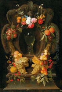 Garland of fruit and flowers surrounding a cartouche with a glass of wine by Jacob van Es