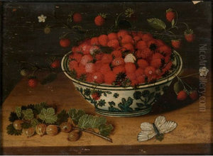 Wild strawberries in a Wanli porcelain bowl with gooseberries and a moth on a ledge