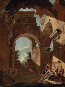 Architectural capriccio with figures amongst ruins by Viviano Codazzi