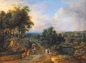 Wide landscape with cart and figures by Jacques d'Arthois