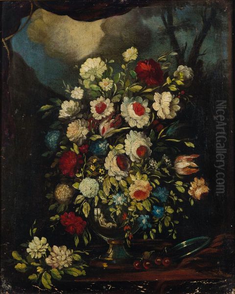 Flowers in a vase on a stone ledge (2) - view 1