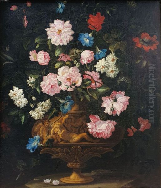 Flowers in a vase on a stone ledge - view 1