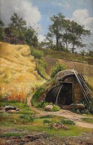 Sunlit landscape with a shelter. Sunlit landscape with a shelter.