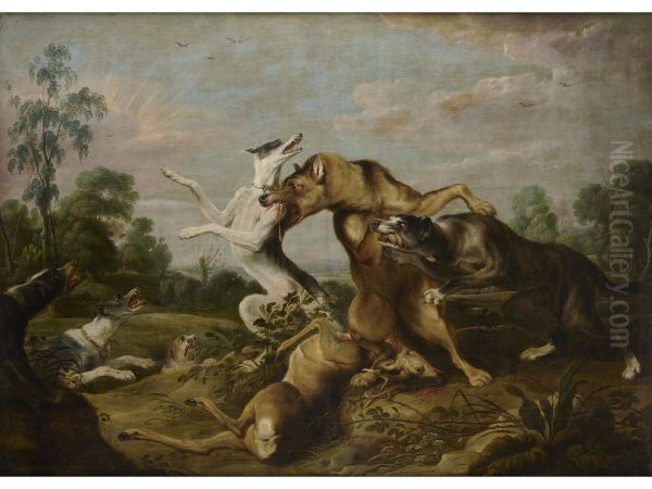 Fight between wolves and dogs - view 1
