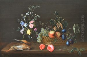 A vase with flowers, a basket of fruit and two dead birds on a wooden ledge