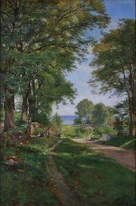 Parti fra Oresundskysten, i forgrunden legende born. by Carl Frederik Aagaard