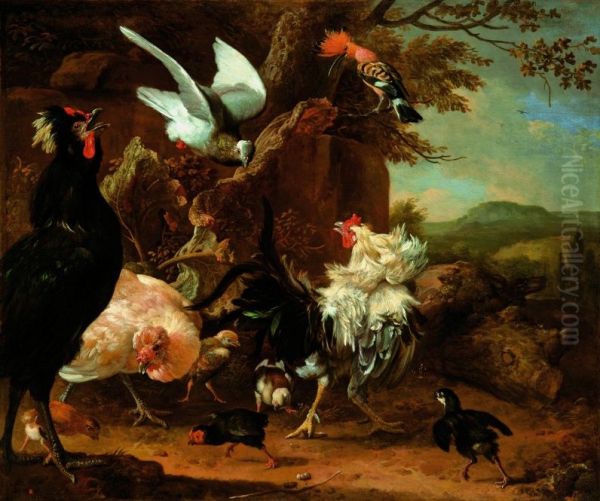 Two roosters, a hen with chickens, a dove and a hoopoe. - view 1