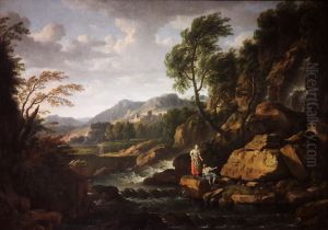 Landscape with a waterfall and rocks. by Gaspard Dughet