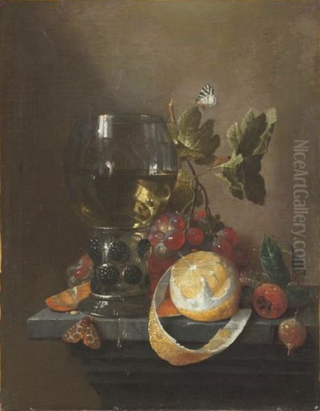 Still life with fruit and a glass on a ledge - view 1