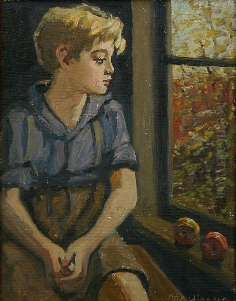 A boy sitting at a window with two apples. - view 1