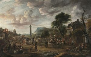 Busy market square of a village in the mountains by Anton Goubau