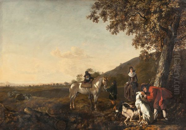 Landscape with a resting hunting company - view 1