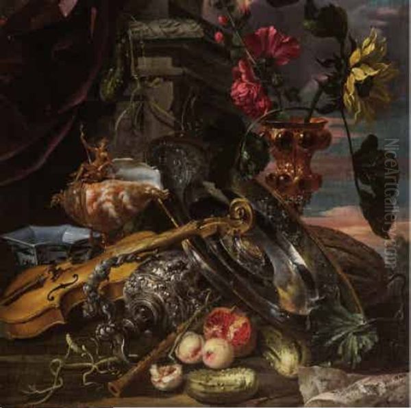 Still life with violins, silverware and fruit - view 1