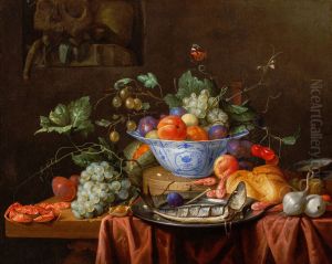 Pronk Still Life with Fruit in a Wan-Li Porcelain Bowl, with a Herring on a pewter Plate, a Bread Roll, Onions, a Crab and Shrimps on a Table and a Vanitas Still Life with a Skull in a Niche