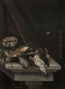 Thrushes, turtle doves and powder on an entablature by Jacob Biltius