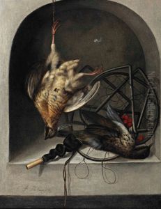 A partridge suspended from a nail, a starling, a trap and whistle in a stone niche by Jacob Biltius