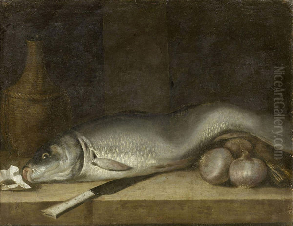 Still life with carp, wine bottle, tobacco, onion and knife on a table top - view 1