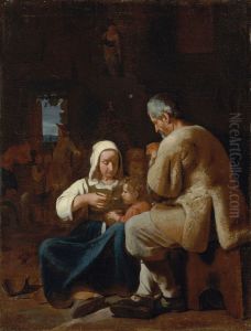 A family and other figures before a humble structure, a landscape beyond A family and other figures before a humble structure, a landscape beyond